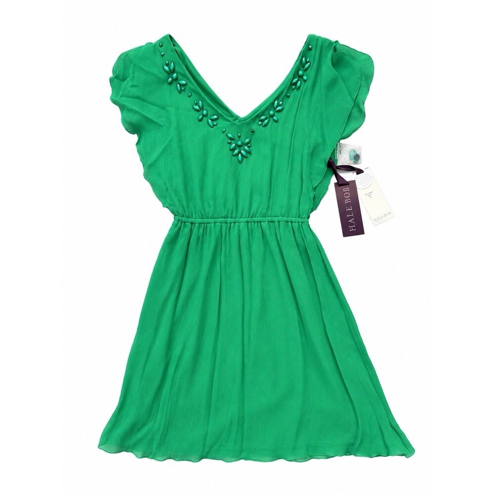 Hale Bob Green Silk Beaded Flutter Sleeve Mini Dress Y2K NWT Size S